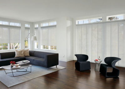 skyline panel roller shades in open room with earth tones