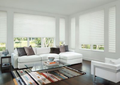 Solera Roman Shades in bright white living area with colorful carpet