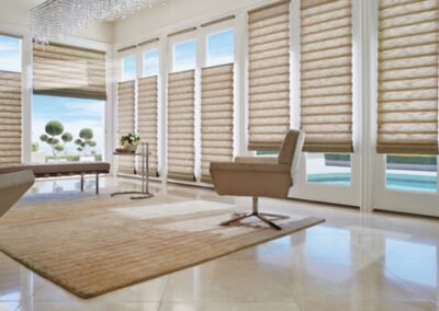 elegant brown roman shades in modern room with futuristic furniture