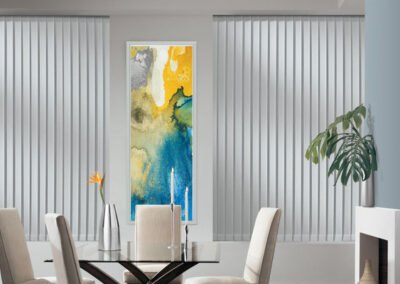 Vertical Blinds and slender artwork in kitchen of modern home